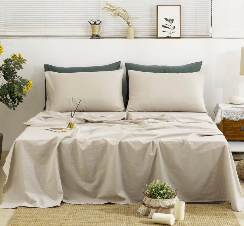 TUMEI Bedding 100% Linen Sheets California King  4Pcs Linen Sheets Set Cal King Soft Durable Deep Pocket Fitted Sheet & Flat Sheet & 2 Pillowcases  Natural Linen California King Size - Image 1